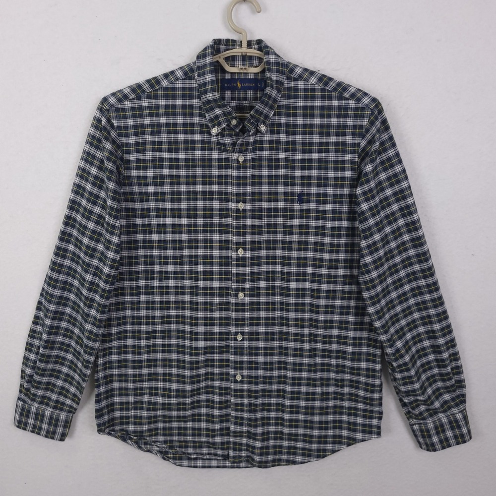 Ralph Lauren Plaid Button Down Shirt Mens L Navy Yellow Cotton Long Sleeve Pony